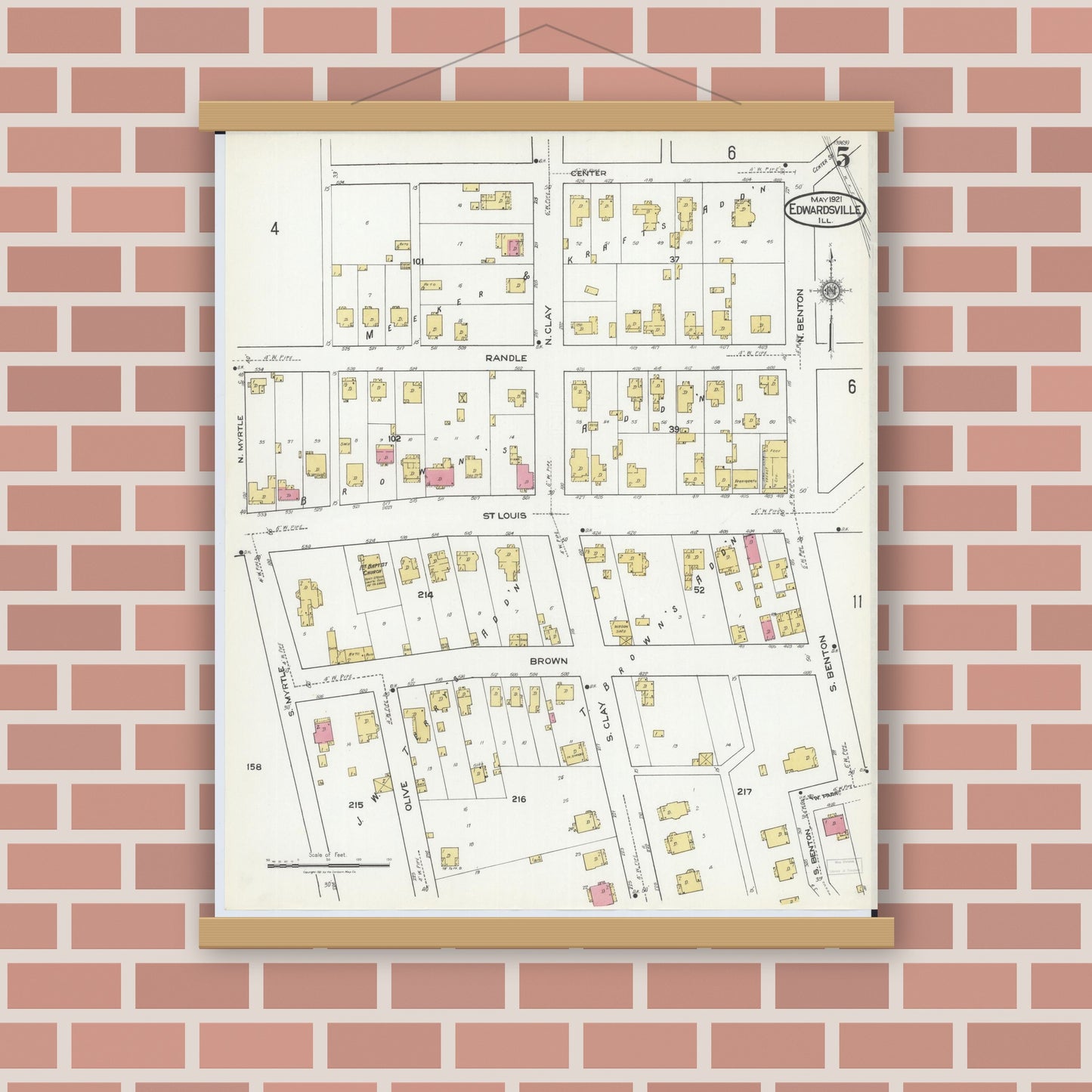 Old map wall art mockup — magnetic wood frame on brick wall — Sanborn Fire Insurance Map from Edwardsville, Madison County, Illinois (1921), Sheet #0005