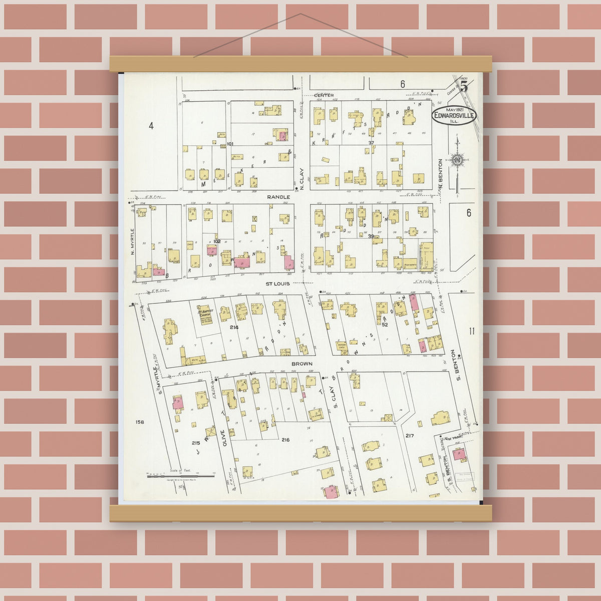 Old map wall art mockup — magnetic wood frame on brick wall — Sanborn Fire Insurance Map from Edwardsville, Madison County, Illinois (1921), Sheet #0005