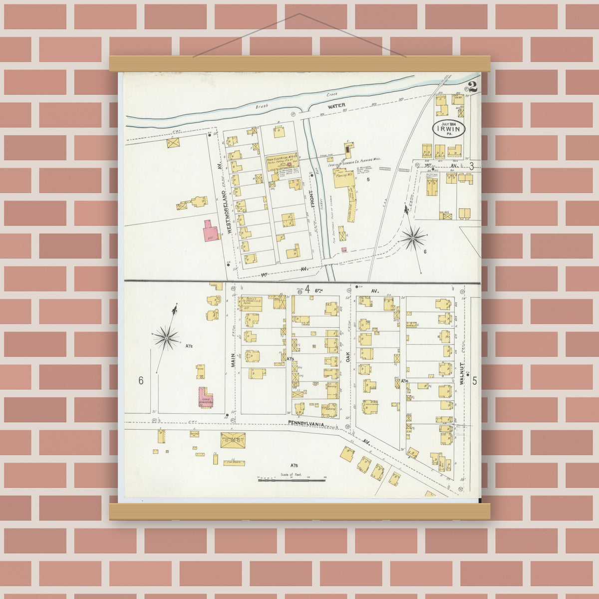 Old map wall art mockup — magnetic wood frame on brick wall — Sanborn Fire Insurance Map from Irwin, Westmoreland County, Pennsylvania (1904), Sheet #0002