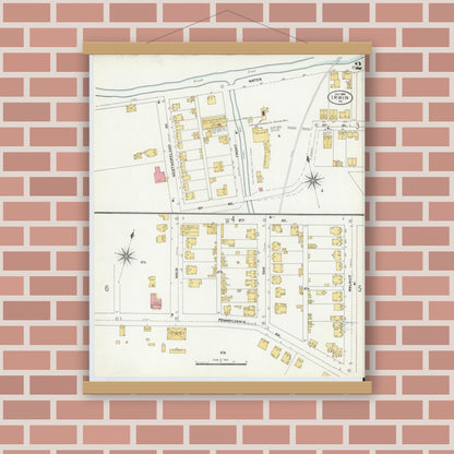 Old map wall art mockup — magnetic wood frame on brick wall — Sanborn Fire Insurance Map from Irwin, Westmoreland County, Pennsylvania (1904), Sheet #0002