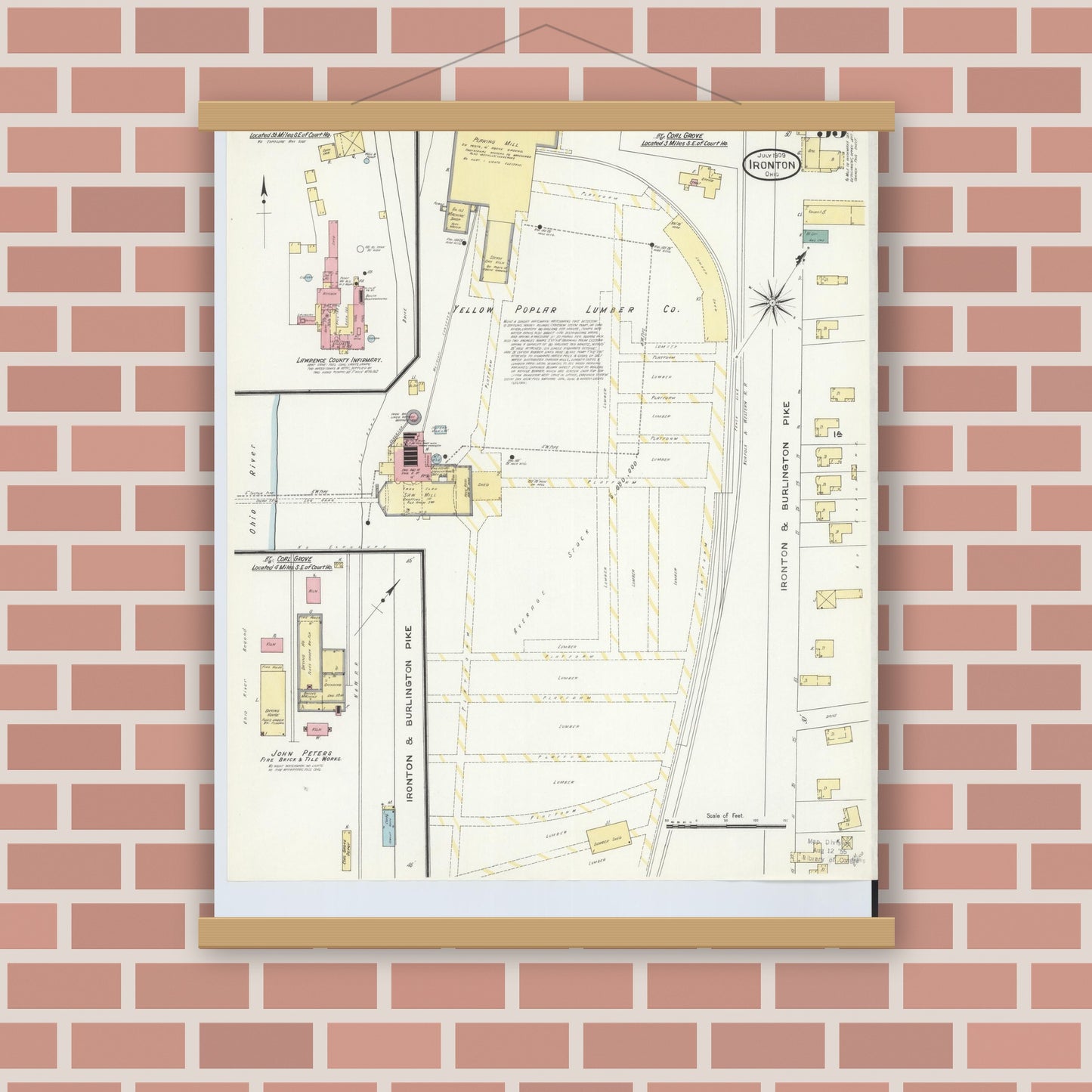 Old map wall art mockup — magnetic wood frame on brick wall — Sanborn Fire Insurance Map from Ironton, Lawrence County, Ohio (1909), Sheet #0033
