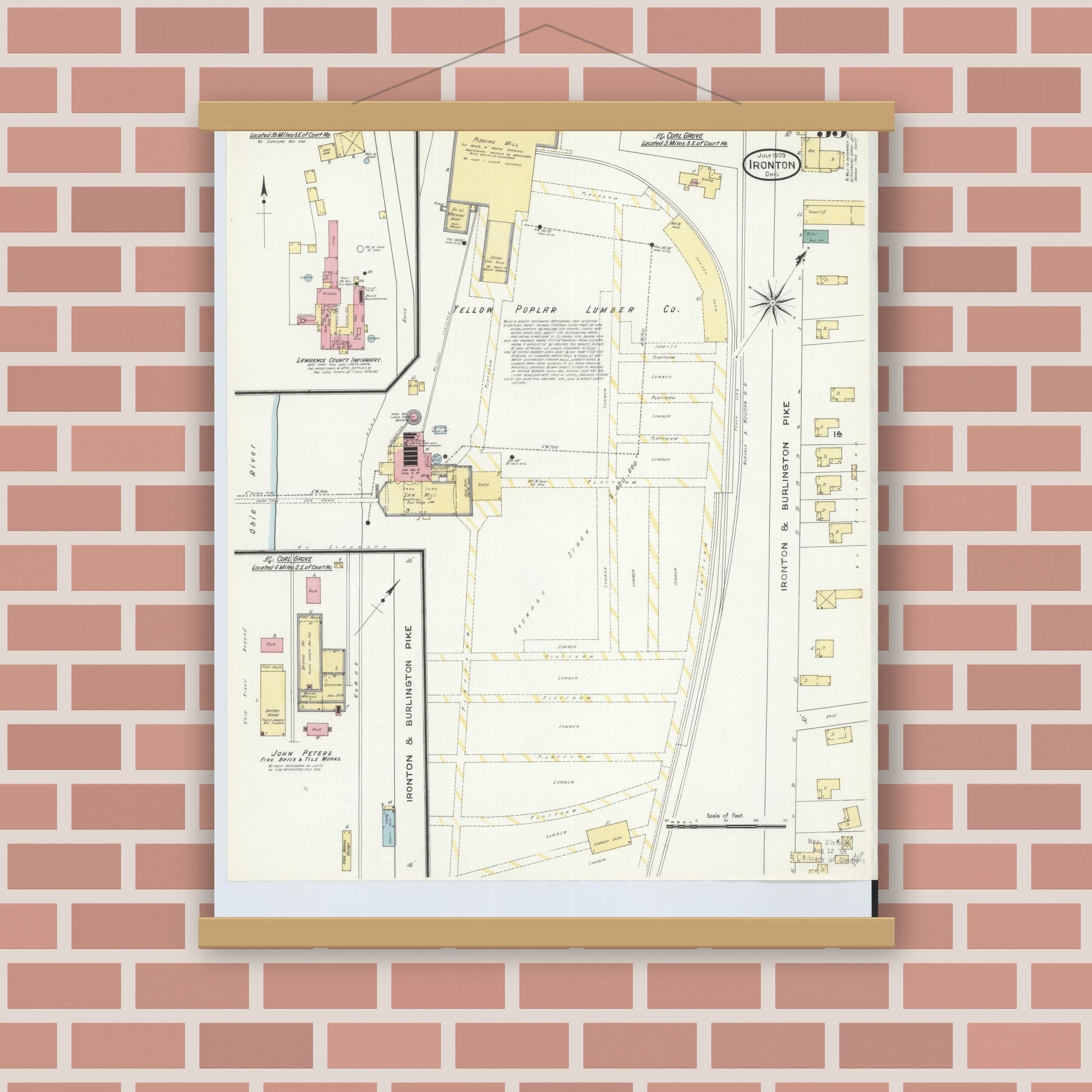 Old map wall art mockup — magnetic wood frame on brick wall — Sanborn Fire Insurance Map from Ironton, Lawrence County, Ohio (1909), Sheet #0033