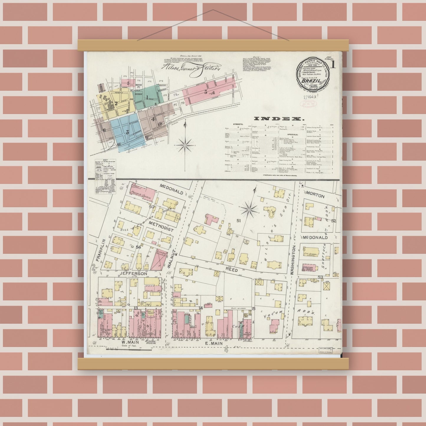 Old map wall art mockup — magnetic wood frame on brick wall — Sanborn Fire Insurance Map from Brazil, Clay County, Indiana (1892) - Complete Map Set