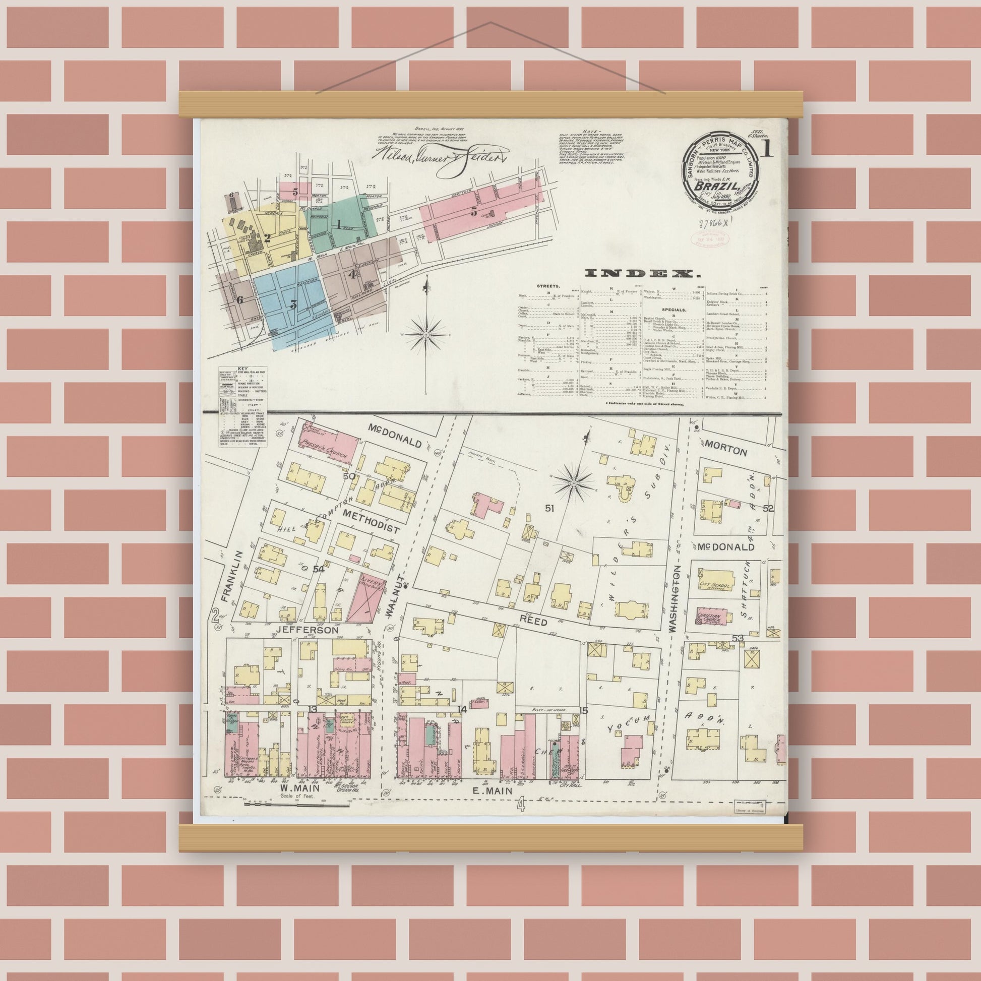 Old map wall art mockup — magnetic wood frame on brick wall — Sanborn Fire Insurance Map from Brazil, Clay County, Indiana (1892) - Complete Map Set