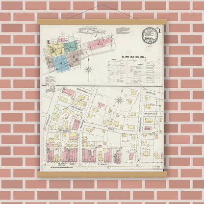 Old map wall art mockup — magnetic wood frame on brick wall — Sanborn Fire Insurance Map from Brazil, Clay County, Indiana (1892) - Complete Map Set