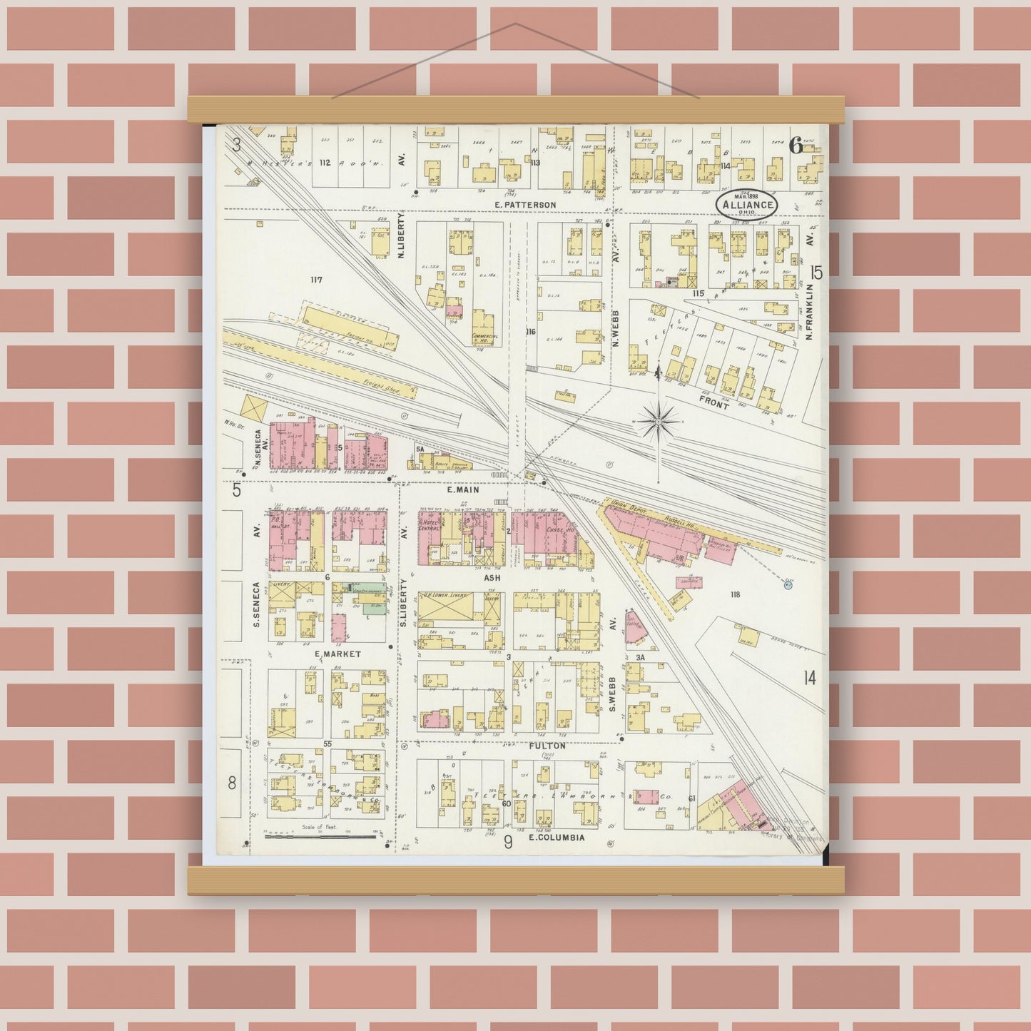 Old map wall art mockup — magnetic wood frame on brick wall — Sanborn Fire Insurance Map from Alliance, Stark County, Ohio (1898), Sheet #0006