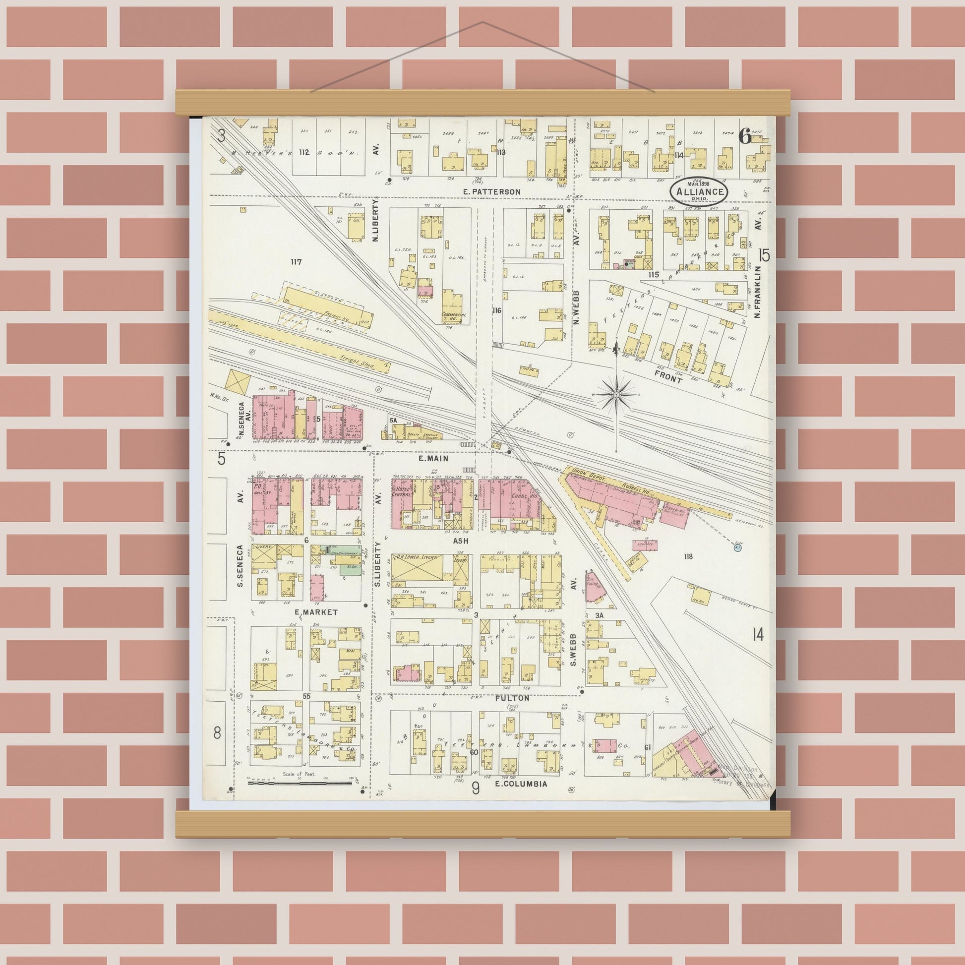 Old map wall art mockup — magnetic wood frame on brick wall — Sanborn Fire Insurance Map from Alliance, Stark County, Ohio (1898), Sheet #0006
