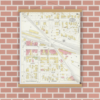 Old map wall art mockup — magnetic wood frame on brick wall — Sanborn Fire Insurance Map from Alliance, Stark County, Ohio (1898), Sheet #0006