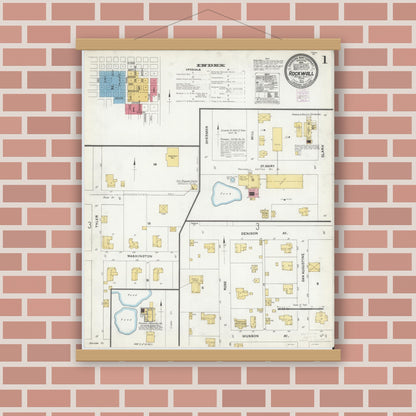 Old map wall art mockup — magnetic wood frame on brick wall — Sanborn Fire Insurance Map from Rockwall, Rockwall County, Texas (1905) - Complete Map Set