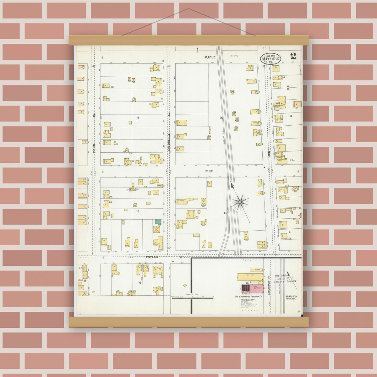 Old map wall art mockup — magnetic wood frame on brick wall — Sanborn Fire Insurance Map from Mayfield, Lackawanna County, Pennsylvania (1903), Sheet #0002