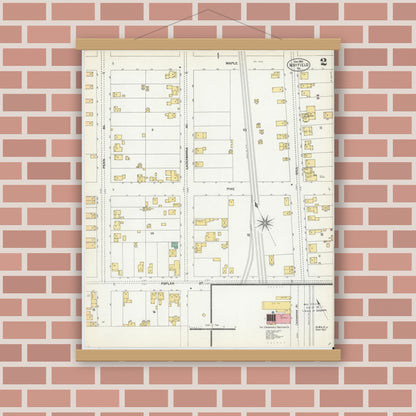 Old map wall art mockup — magnetic wood frame on brick wall — Sanborn Fire Insurance Map from Mayfield, Lackawanna County, Pennsylvania (1903), Sheet #0002