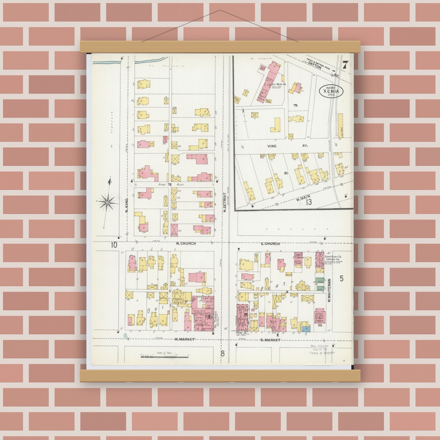 Old map wall art mockup — magnetic wood frame on brick wall — Sanborn Fire Insurance Map from Xenia, Greene County, Ohio (1901), Sheet #0007