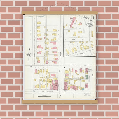Old map wall art mockup — magnetic wood frame on brick wall — Sanborn Fire Insurance Map from Xenia, Greene County, Ohio (1901), Sheet #0007
