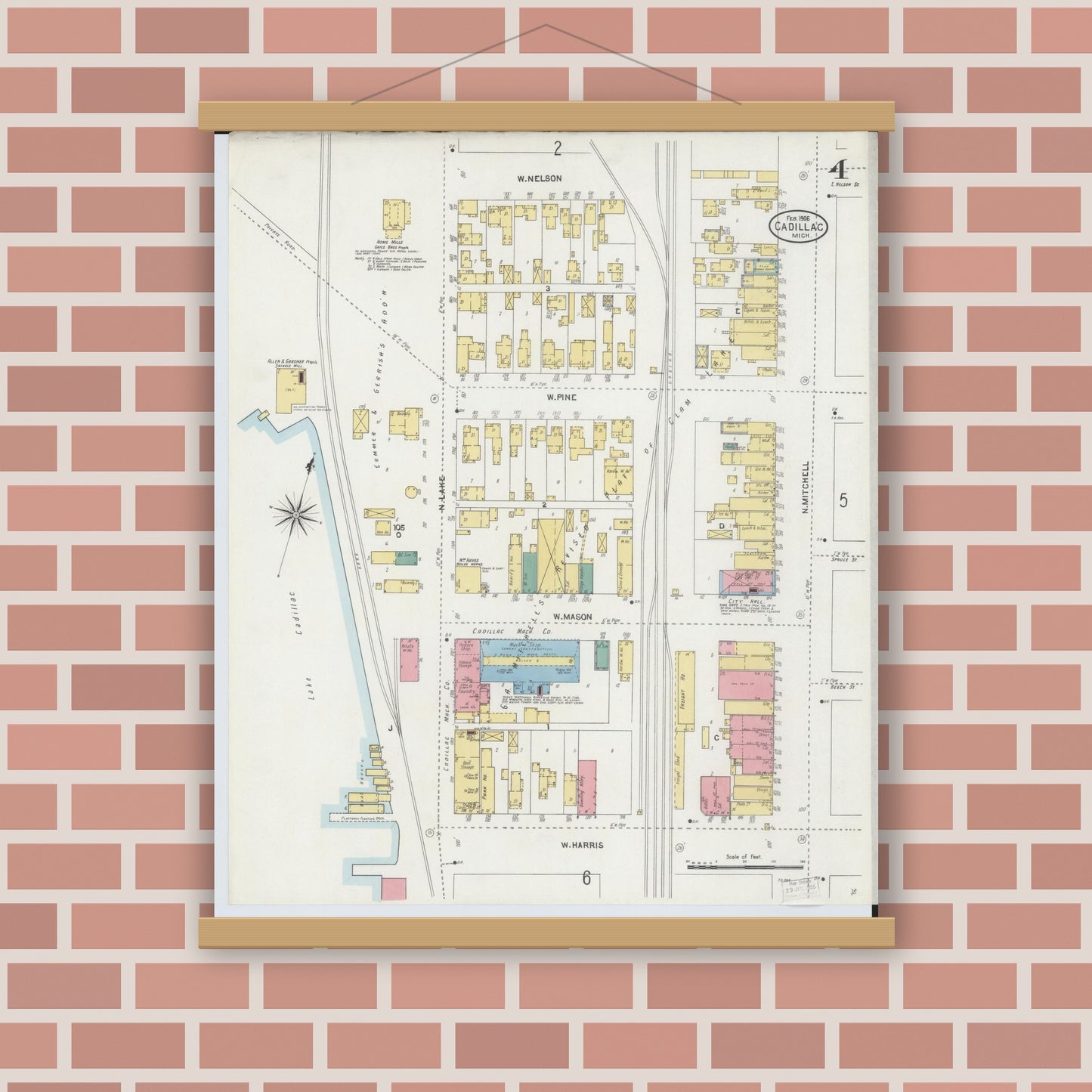 Old map wall art mockup — magnetic wood frame on brick wall — Sanborn Fire Insurance Map from Cadillac, Wexford County, Michigan (1906), Sheet #0004