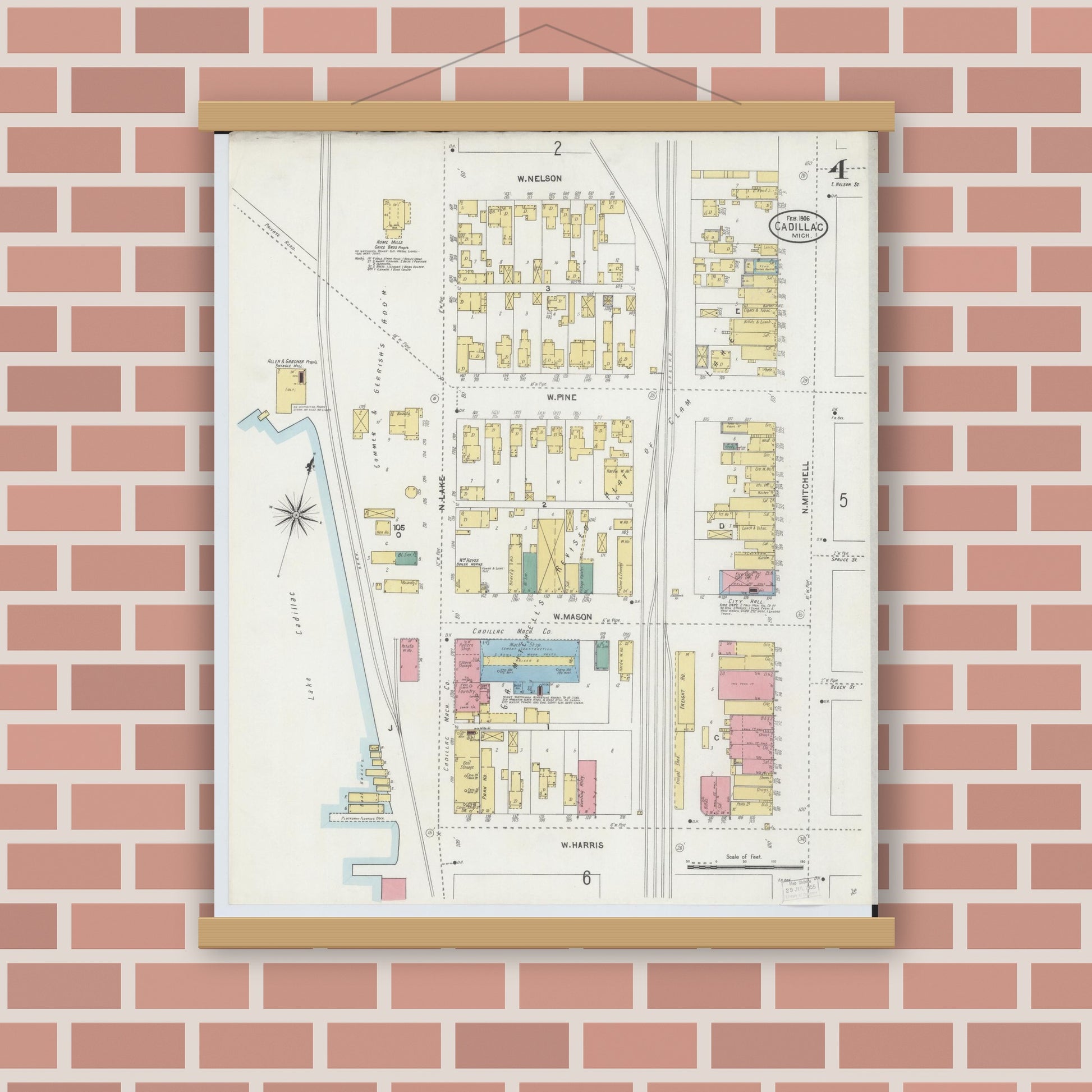 Old map wall art mockup — magnetic wood frame on brick wall — Sanborn Fire Insurance Map from Cadillac, Wexford County, Michigan (1906), Sheet #0004