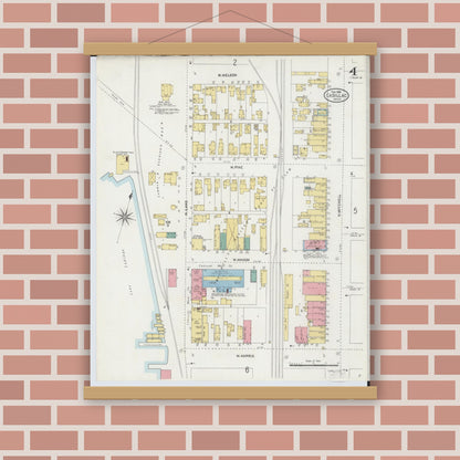 Old map wall art mockup — magnetic wood frame on brick wall — Sanborn Fire Insurance Map from Cadillac, Wexford County, Michigan (1906), Sheet #0004