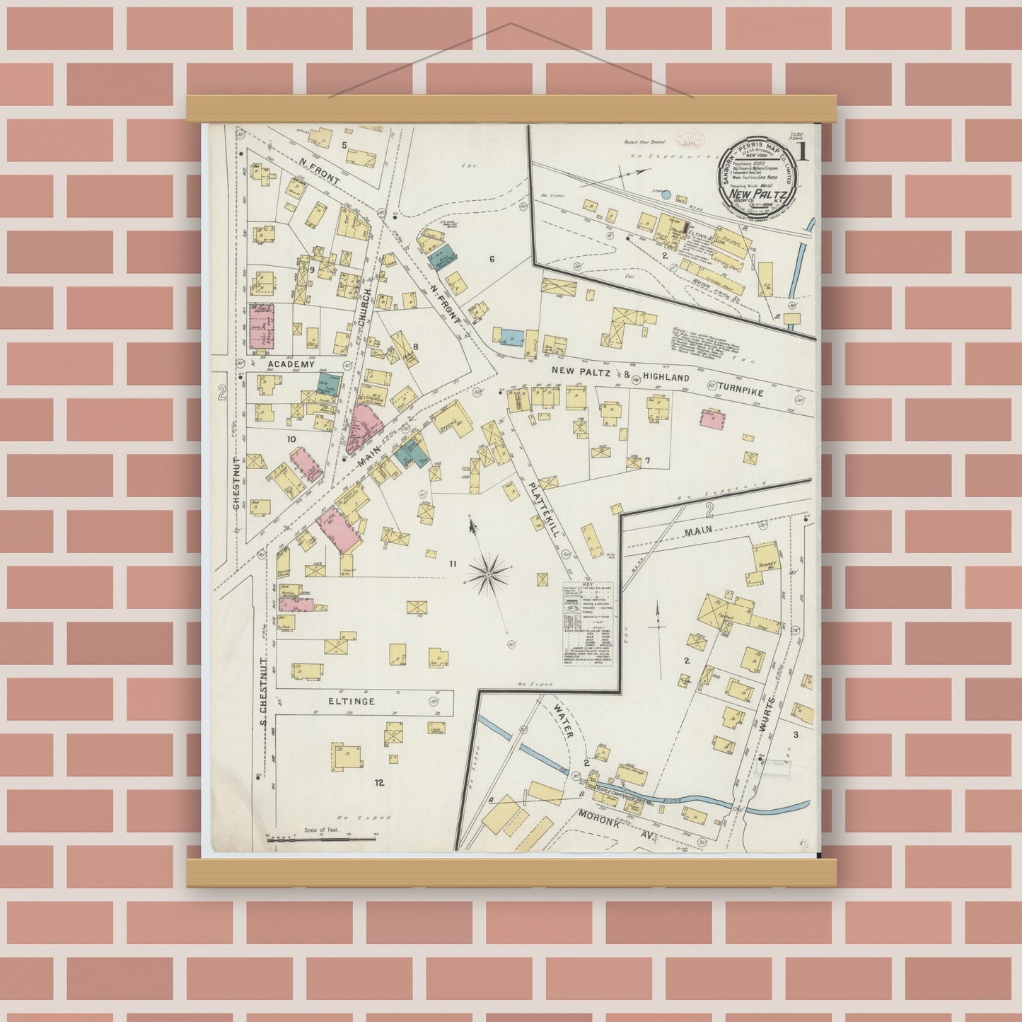 Old map wall art mockup — magnetic wood frame on brick wall — Sanborn Fire Insurance Map from New Paltz, Ulster County, New York (1894), Sheet #0001