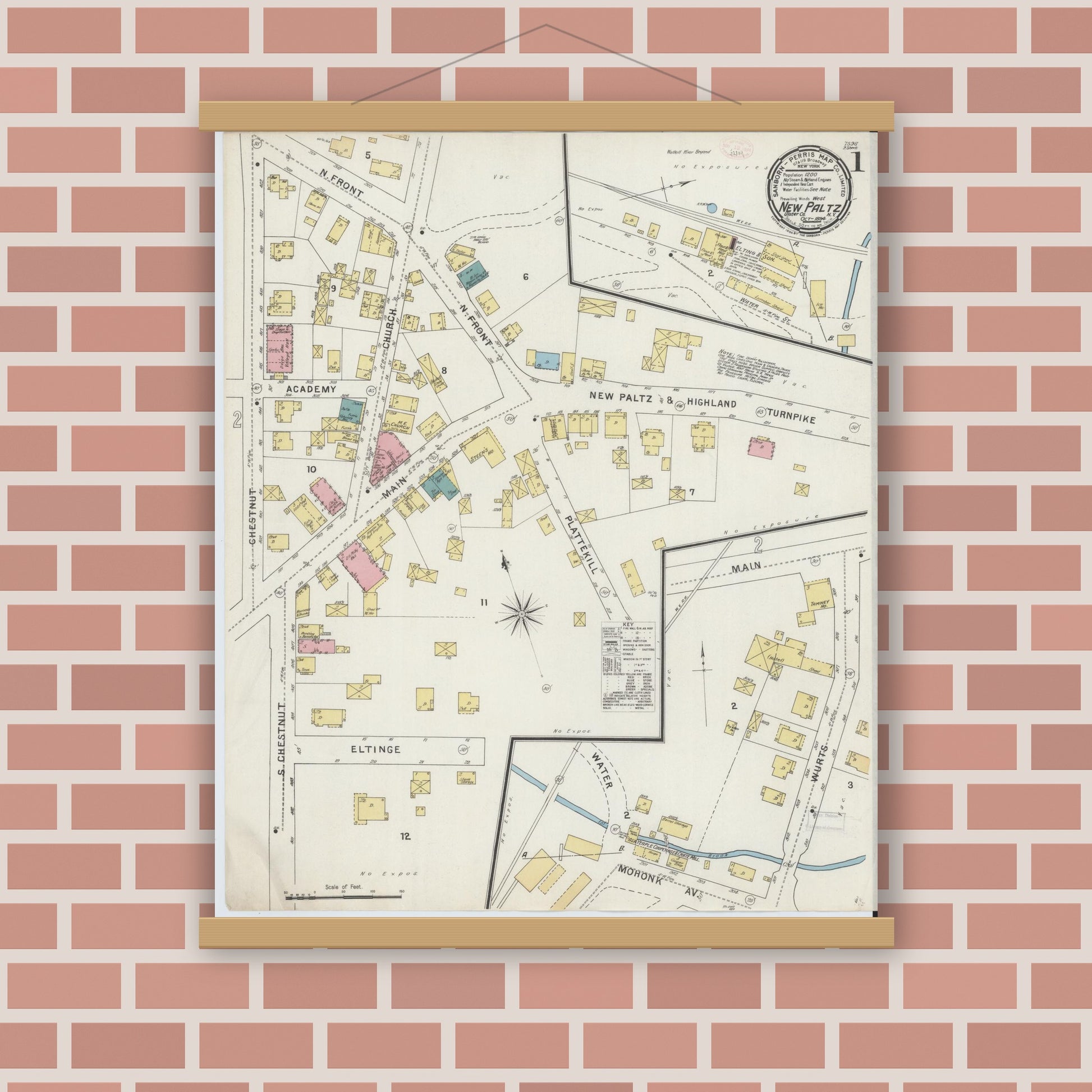 Old map wall art mockup — magnetic wood frame on brick wall — Sanborn Fire Insurance Map from New Paltz, Ulster County, New York (1894), Sheet #0001