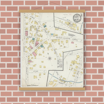 Old map wall art mockup — magnetic wood frame on brick wall — Sanborn Fire Insurance Map from New Paltz, Ulster County, New York (1894), Sheet #0001