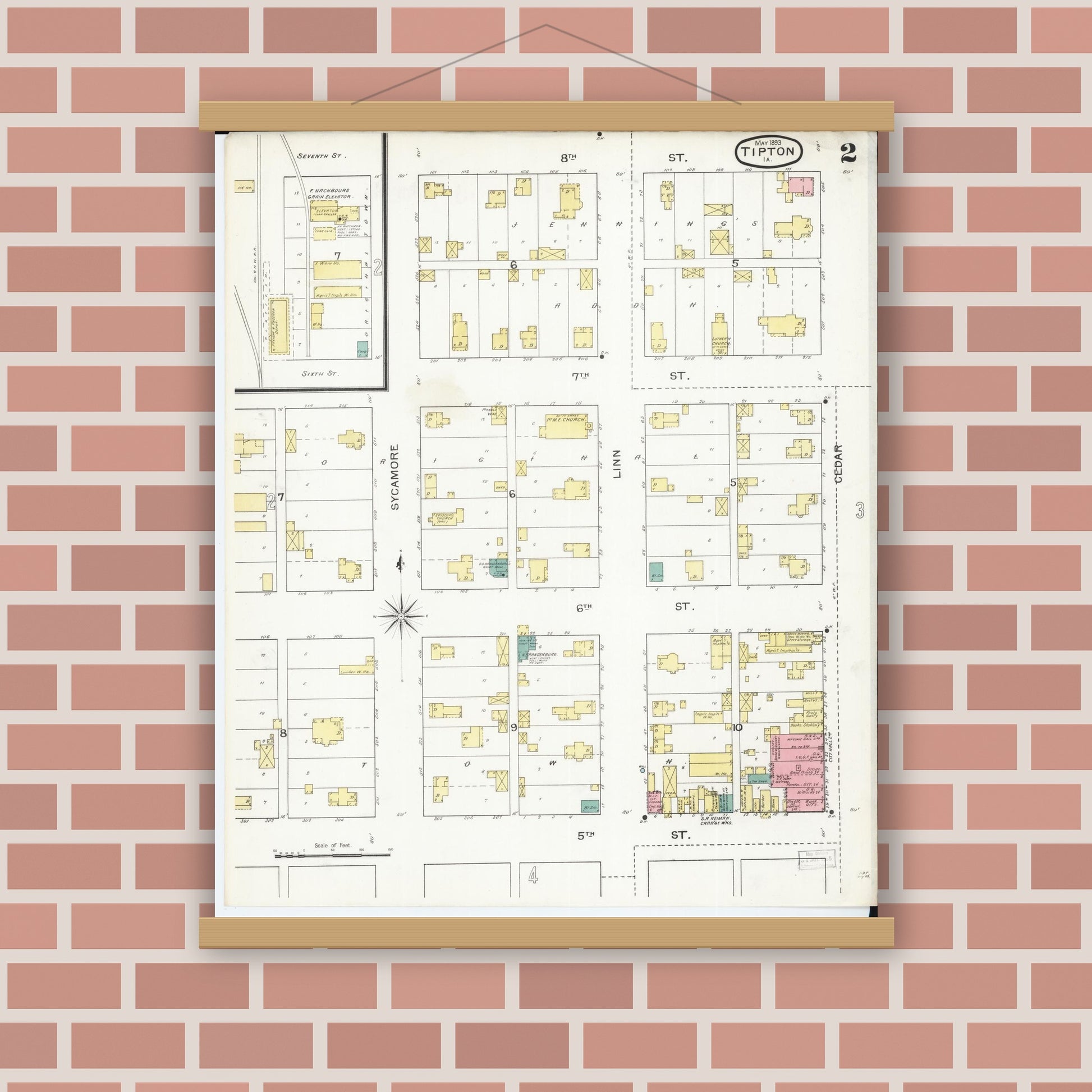 Old map wall art mockup — magnetic wood frame on brick wall — Sanborn Fire Insurance Map from Tipton, Cedar County, Iowa (1893), Sheet #0002