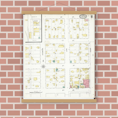 Old map wall art mockup — magnetic wood frame on brick wall — Sanborn Fire Insurance Map from Tipton, Cedar County, Iowa (1893), Sheet #0002