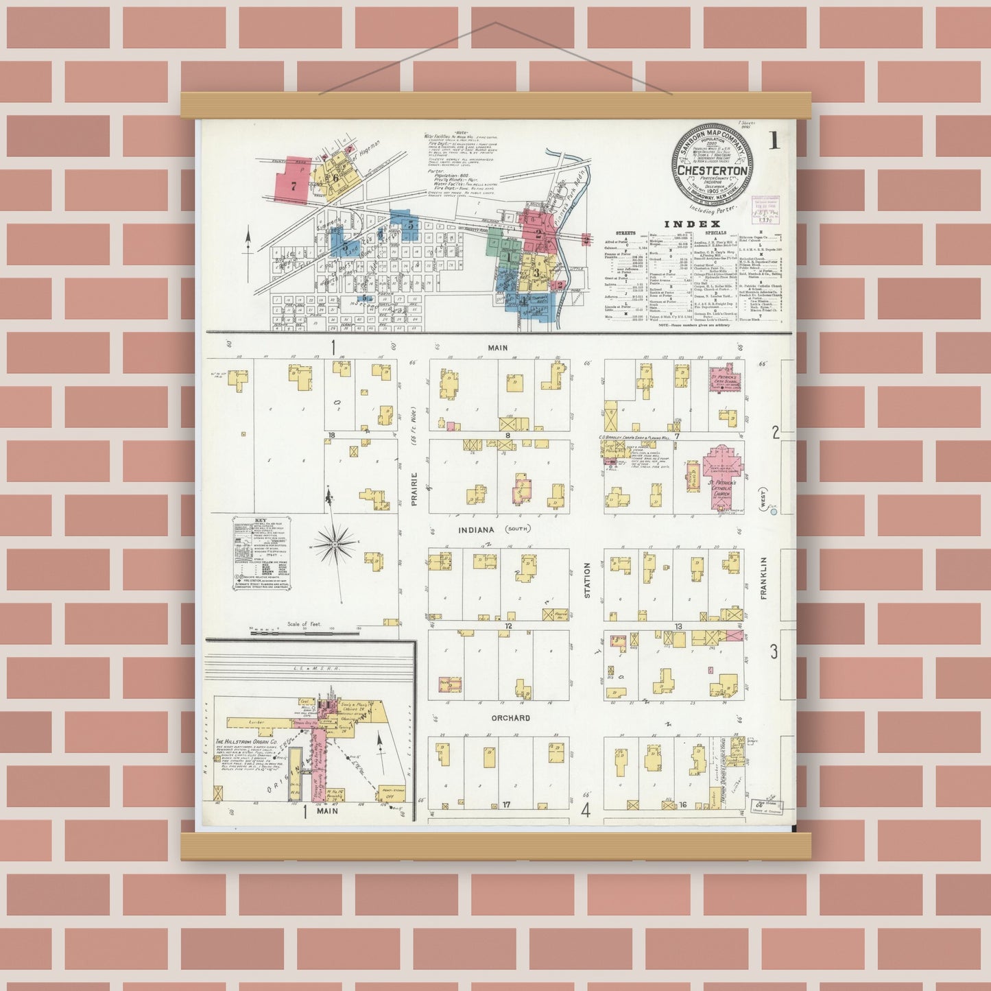 Old map wall art mockup — magnetic wood frame on brick wall — Sanborn Fire Insurance Map from Chesterton, Porter County, Indiana (1905) - Complete Map Set