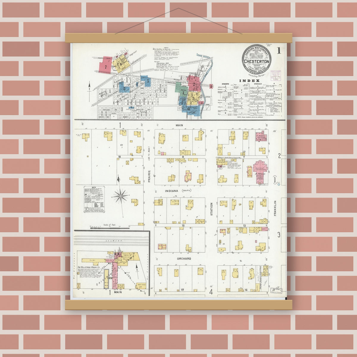 Old map wall art mockup — magnetic wood frame on brick wall — Sanborn Fire Insurance Map from Chesterton, Porter County, Indiana (1905) - Complete Map Set