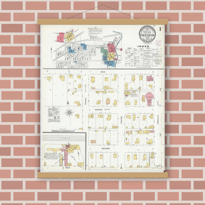 Old map wall art mockup — magnetic wood frame on brick wall — Sanborn Fire Insurance Map from Chesterton, Porter County, Indiana (1905) - Complete Map Set