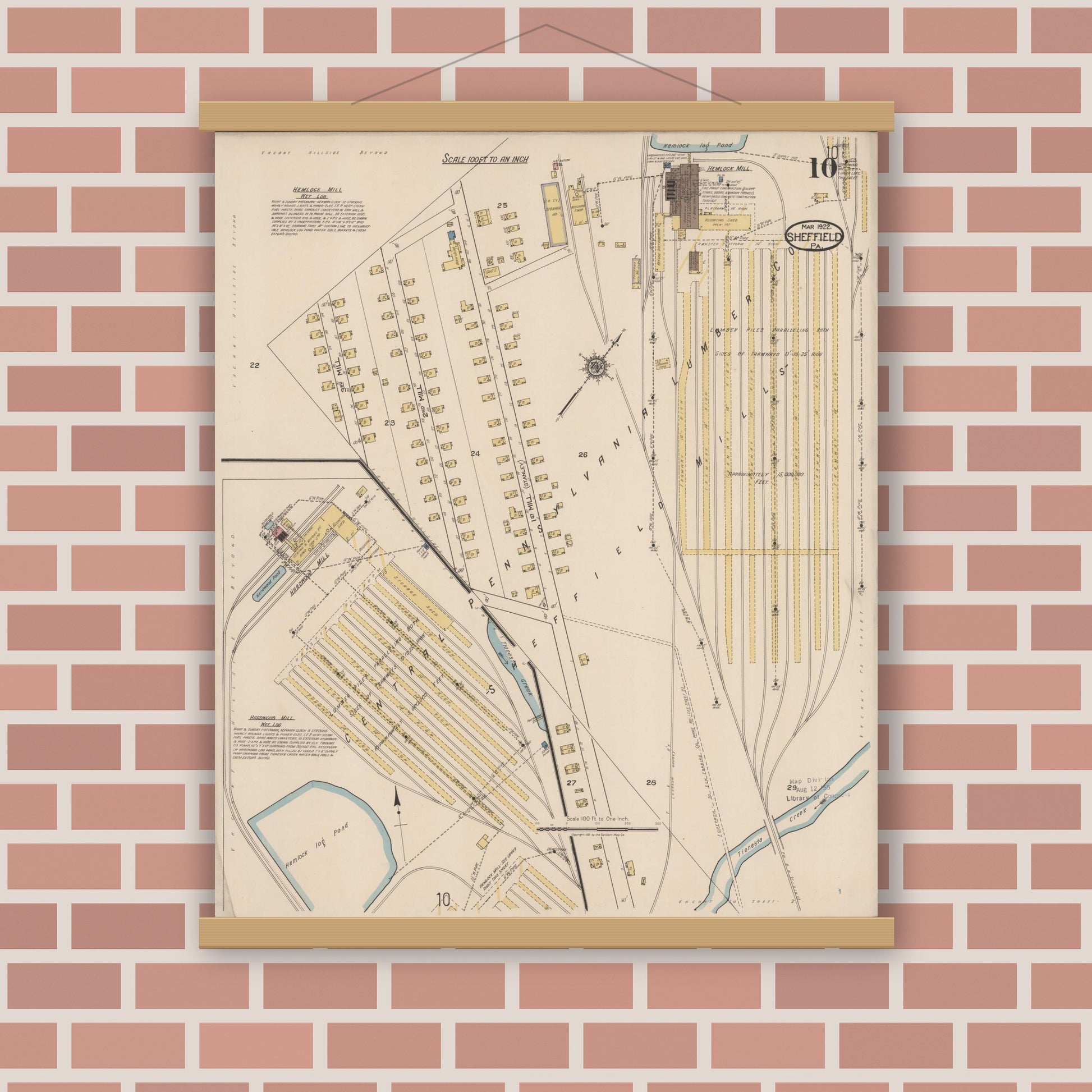 Old map wall art mockup — magnetic wood frame on brick wall — Sanborn Fire Insurance Map from Sheffield, Warren County, Pennsylvania (1922), Sheet #0010