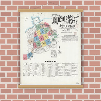 Old map wall art mockup — magnetic wood frame on brick wall — Sanborn Fire Insurance Map from Michigan City, La Porte County, Indiana (1899) - Complete Map Set