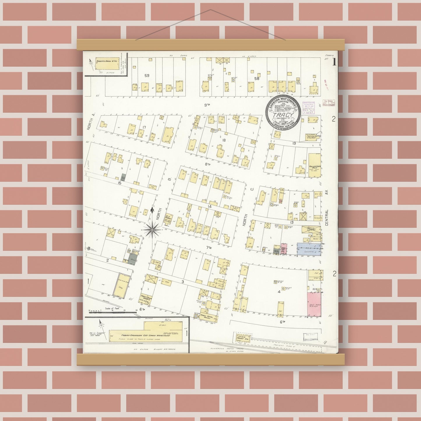 Old map wall art mockup — magnetic wood frame on brick wall — Sanborn Fire Insurance Map from Tracy, San Joaquin County, California (1907) - Complete Map Set