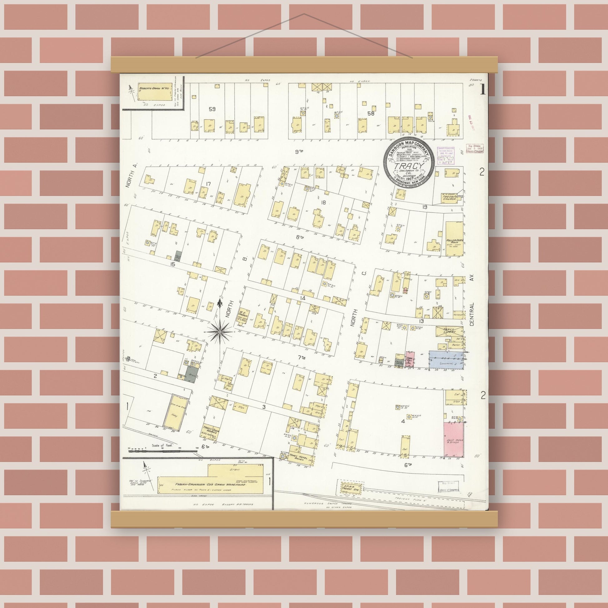 Old map wall art mockup — magnetic wood frame on brick wall — Sanborn Fire Insurance Map from Tracy, San Joaquin County, California (1907) - Complete Map Set