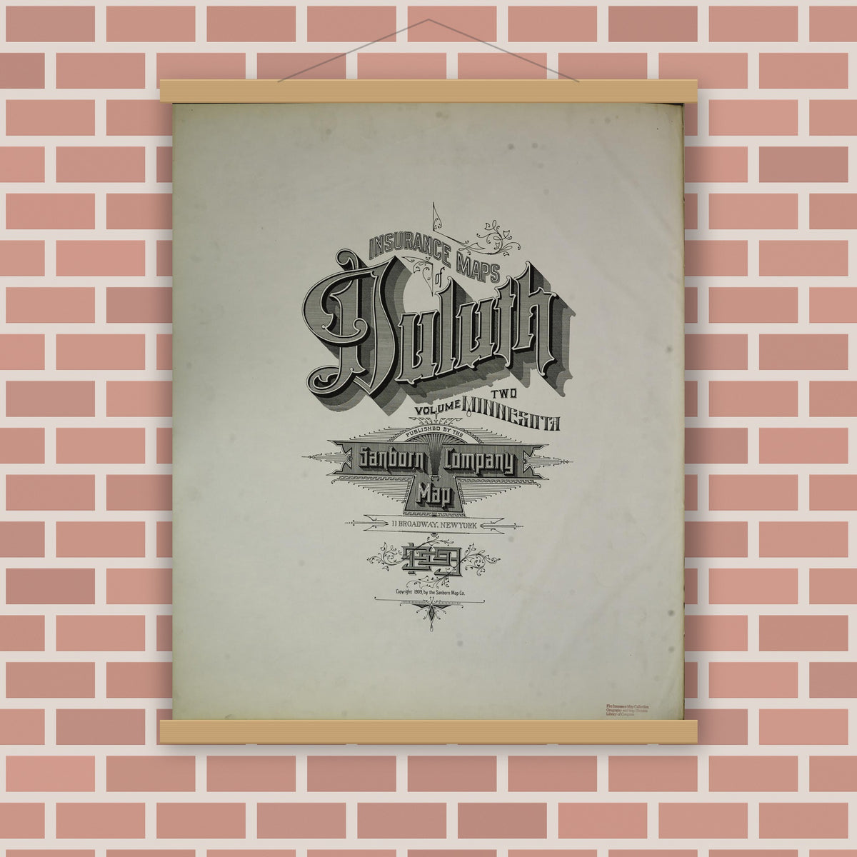 Old map wall art mockup — magnetic wood frame on brick wall — Sanborn Fire Insurance Map from Duluth, Saint Louis County, Minnesota (1909), Sheet #0001
