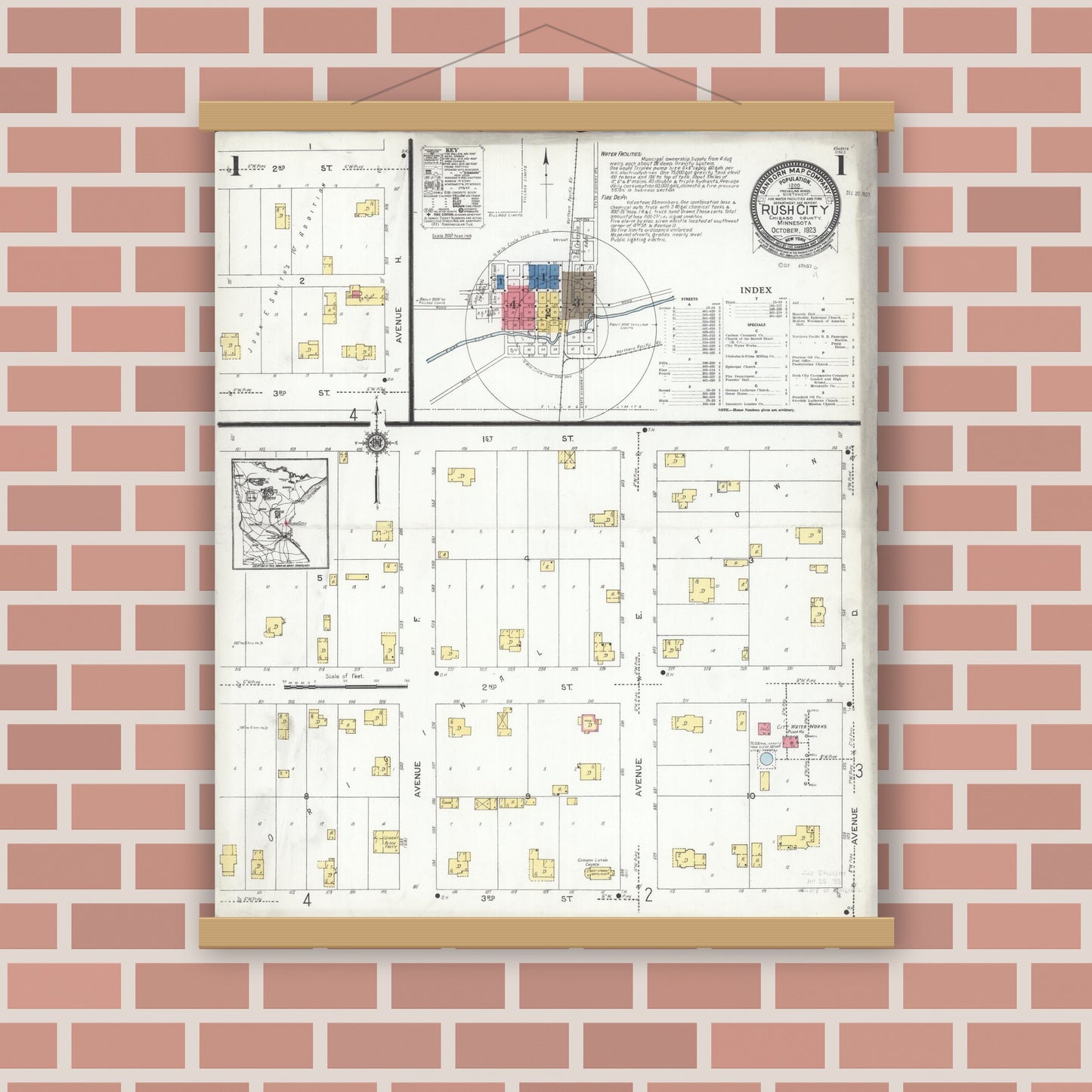 Old map wall art mockup — magnetic wood frame on brick wall — Sanborn Fire Insurance Map from Rush City, Chisago County, Minnesota (1923) - Complete Map Set