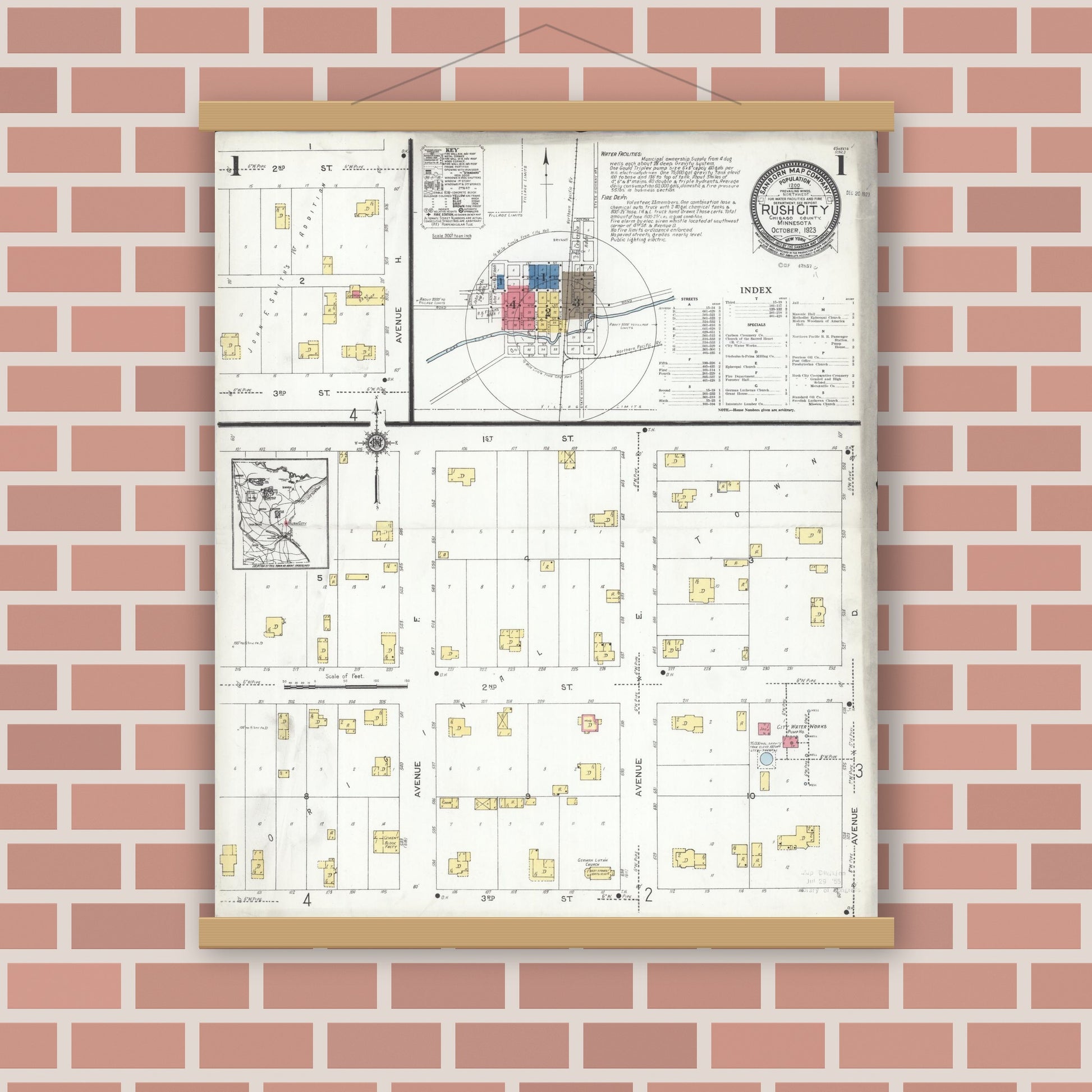 Old map wall art mockup — magnetic wood frame on brick wall — Sanborn Fire Insurance Map from Rush City, Chisago County, Minnesota (1923) - Complete Map Set