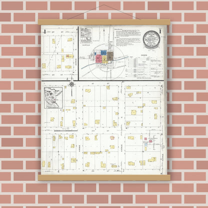 Old map wall art mockup — magnetic wood frame on brick wall — Sanborn Fire Insurance Map from Rush City, Chisago County, Minnesota (1923) - Complete Map Set