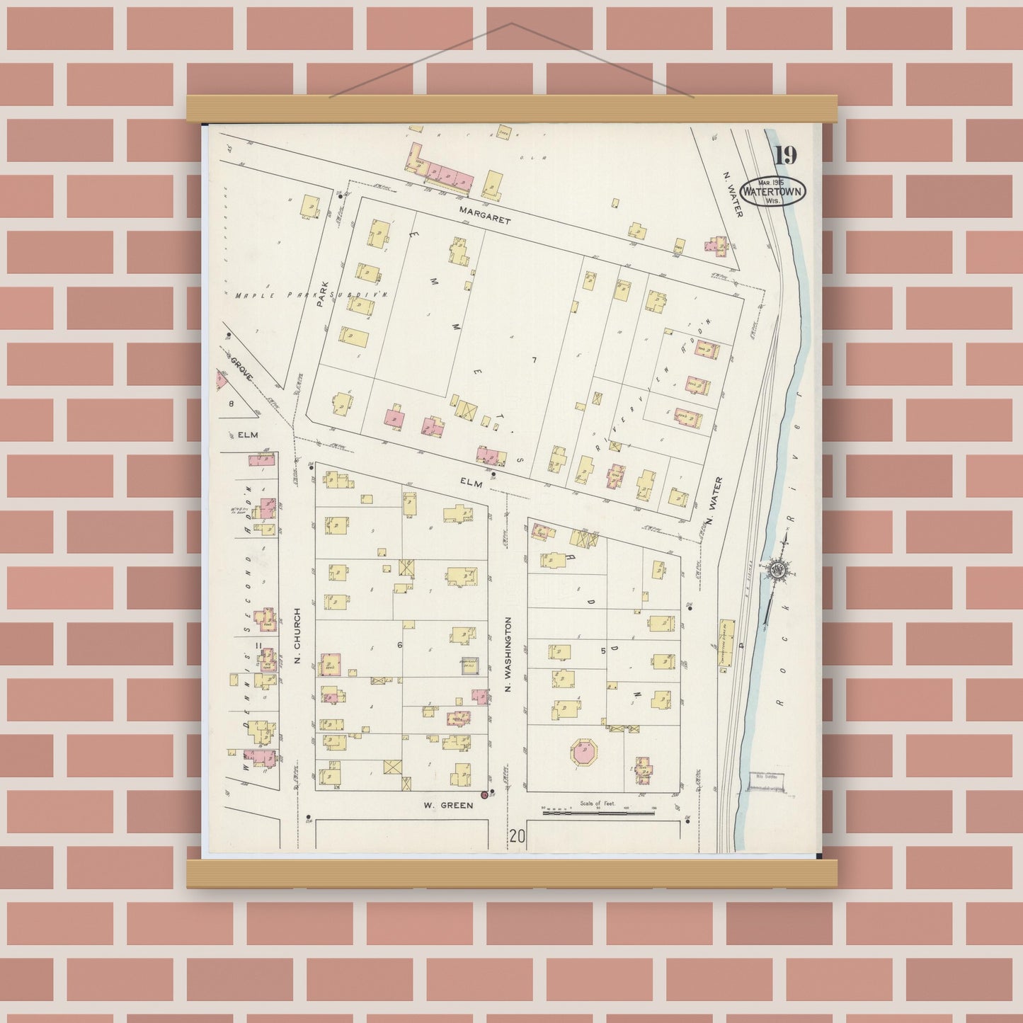 Old map wall art mockup — magnetic wood frame on brick wall — Sanborn Fire Insurance Map from Watertown, Jefferson County, Wisconsin (1915), Sheet #0020