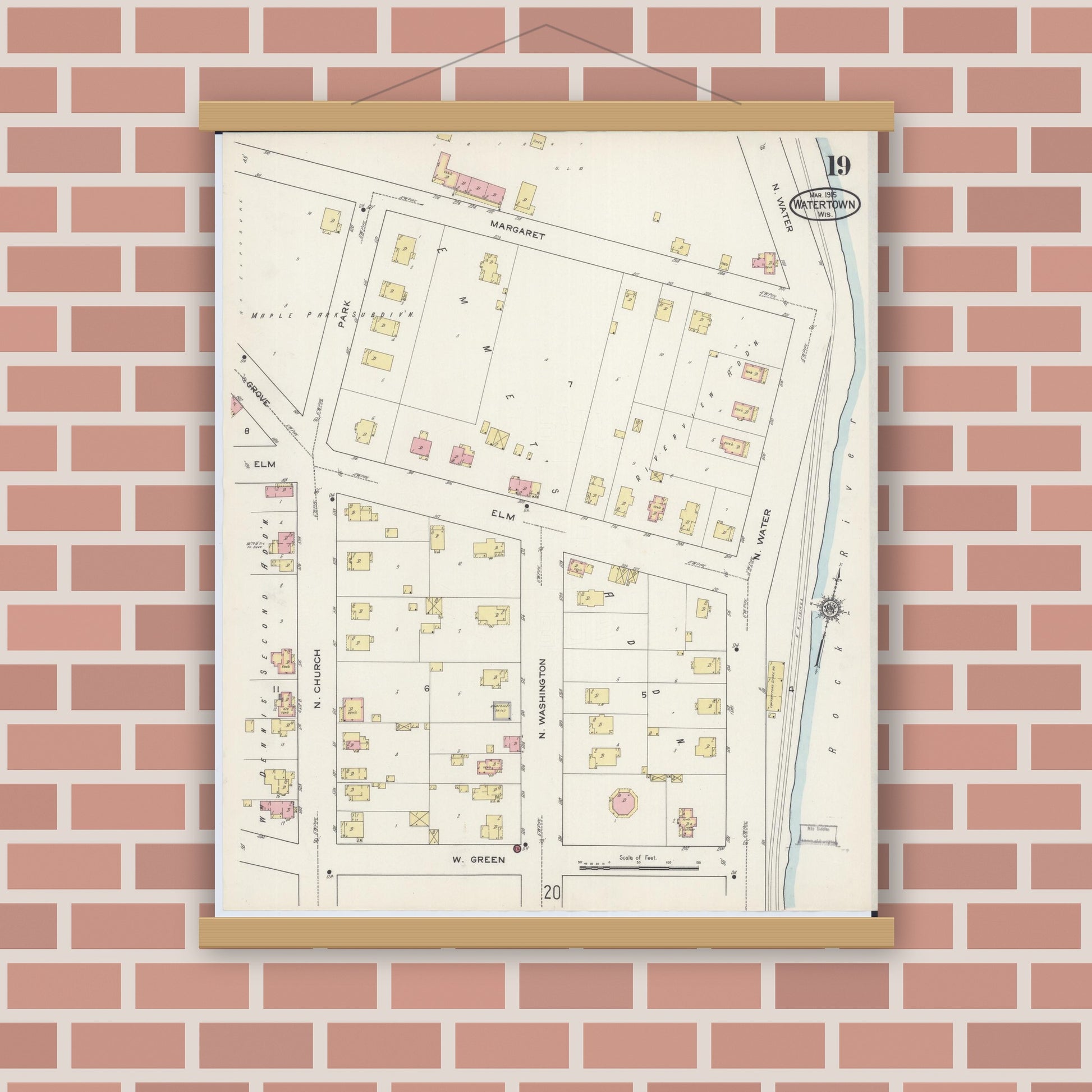 Old map wall art mockup — magnetic wood frame on brick wall — Sanborn Fire Insurance Map from Watertown, Jefferson County, Wisconsin (1915), Sheet #0020