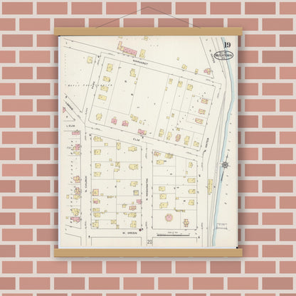 Old map wall art mockup — magnetic wood frame on brick wall — Sanborn Fire Insurance Map from Watertown, Jefferson County, Wisconsin (1915), Sheet #0020