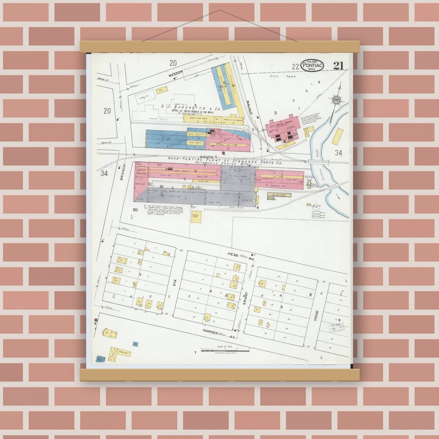 Old map wall art mockup — magnetic wood frame on brick wall — Sanborn Fire Insurance Map from Pontiac, Oakland County, Michigan (1919), Sheet #0021