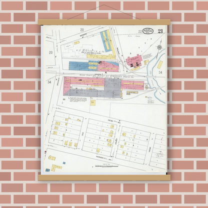 Old map wall art mockup — magnetic wood frame on brick wall — Sanborn Fire Insurance Map from Pontiac, Oakland County, Michigan (1919), Sheet #0021