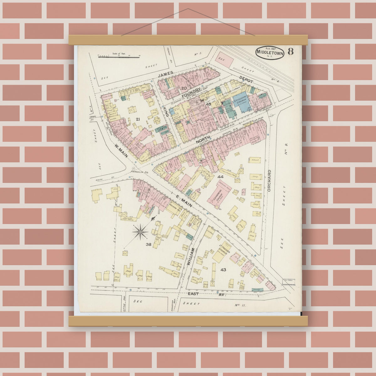Old map wall art mockup — magnetic wood frame on brick wall — Sanborn Fire Insurance Map from Middletown, Orange County, New York (1887), Sheet #0007
