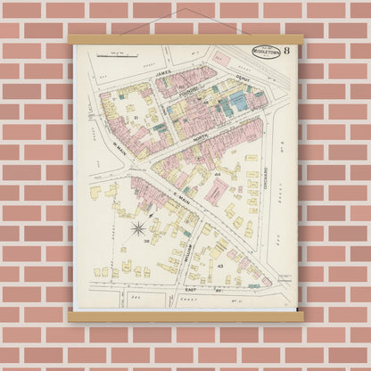Old map wall art mockup — magnetic wood frame on brick wall — Sanborn Fire Insurance Map from Middletown, Orange County, New York (1887), Sheet #0007