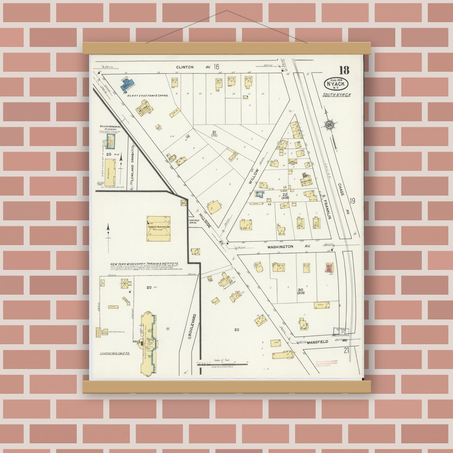 Old map wall art mockup — magnetic wood frame on brick wall — Sanborn Fire Insurance Map from Nyack, Rockland County, New York. (1919), Sheet #0018