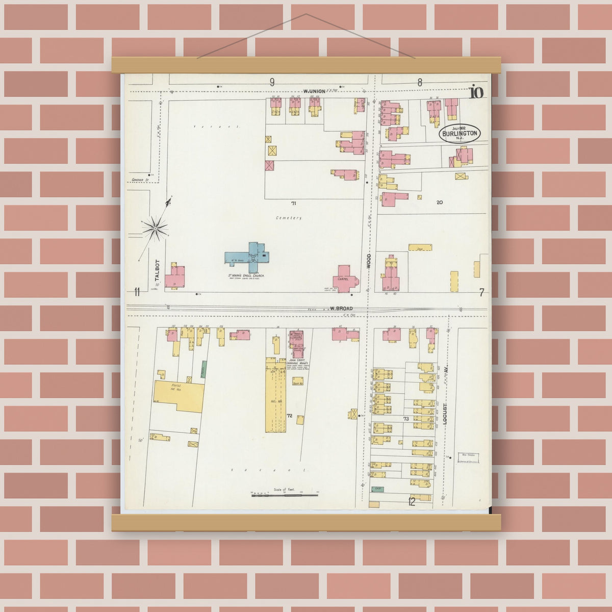Old map wall art mockup — magnetic wood frame on brick wall — Sanborn Fire Insurance Map from Burlington, Burlington County, New Jersey (1902), Sheet #0010