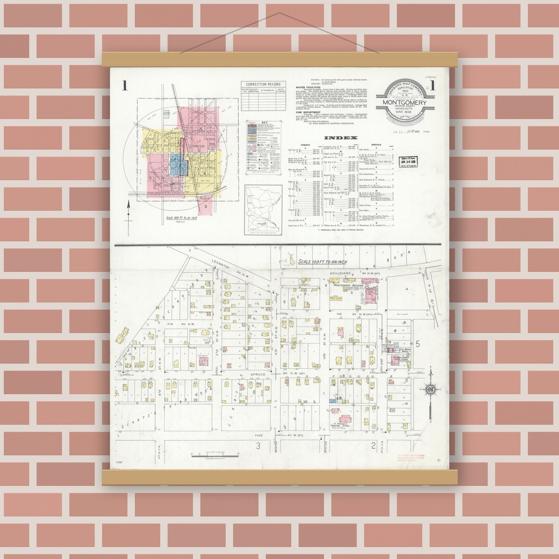 Old map wall art mockup — magnetic wood frame on brick wall — Sanborn Fire Insurance Map from Montgomery, Le Sueur  County, Minnesota (1938) - Complete Map Set