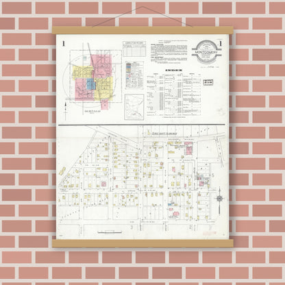 Old map wall art mockup — magnetic wood frame on brick wall — Sanborn Fire Insurance Map from Montgomery, Le Sueur  County, Minnesota (1938) - Complete Map Set