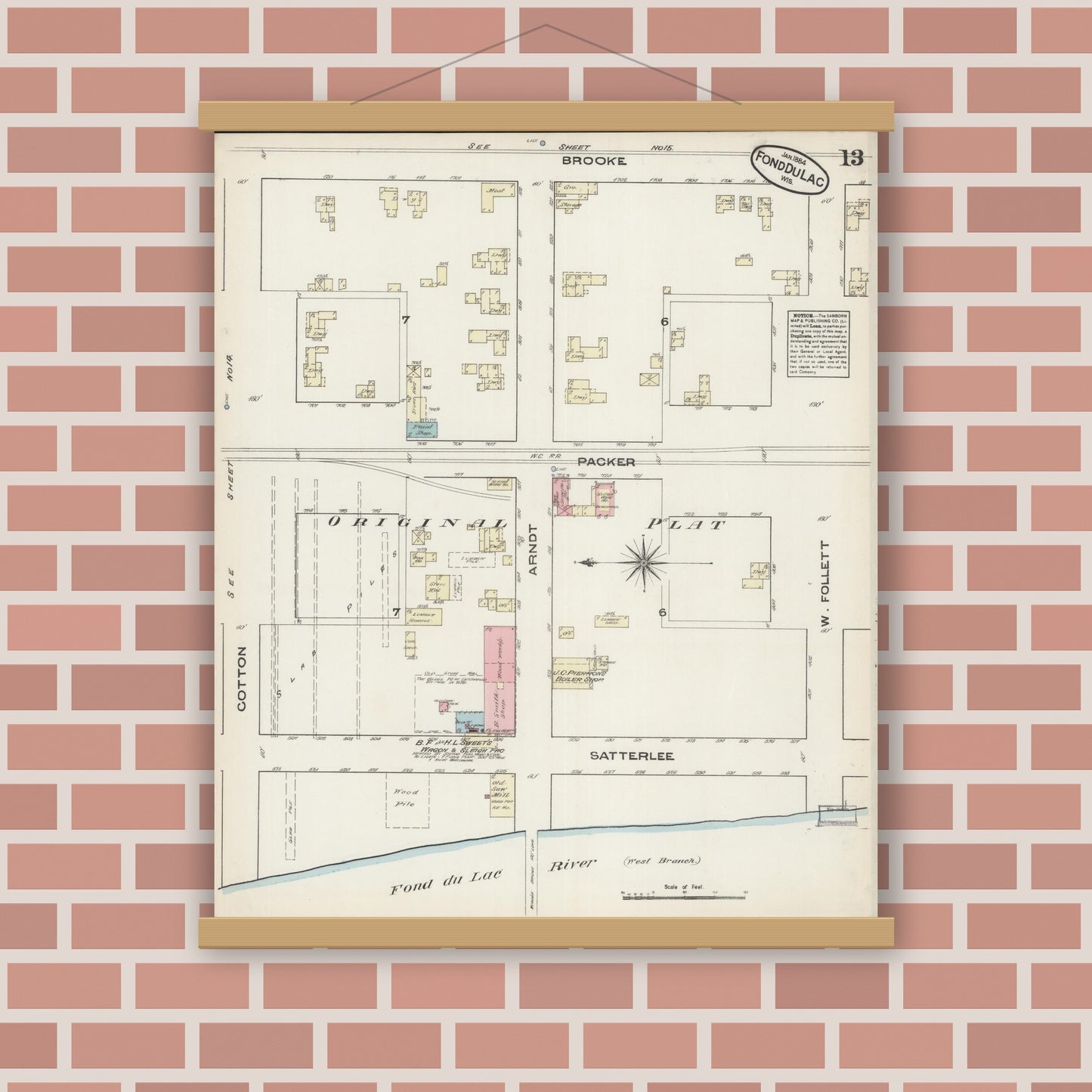 Old map wall art mockup — magnetic wood frame on brick wall — Sanborn Fire Insurance Map from Fond du Lac, Fond du Lac County, Wisconsin (1884), Sheet #0013