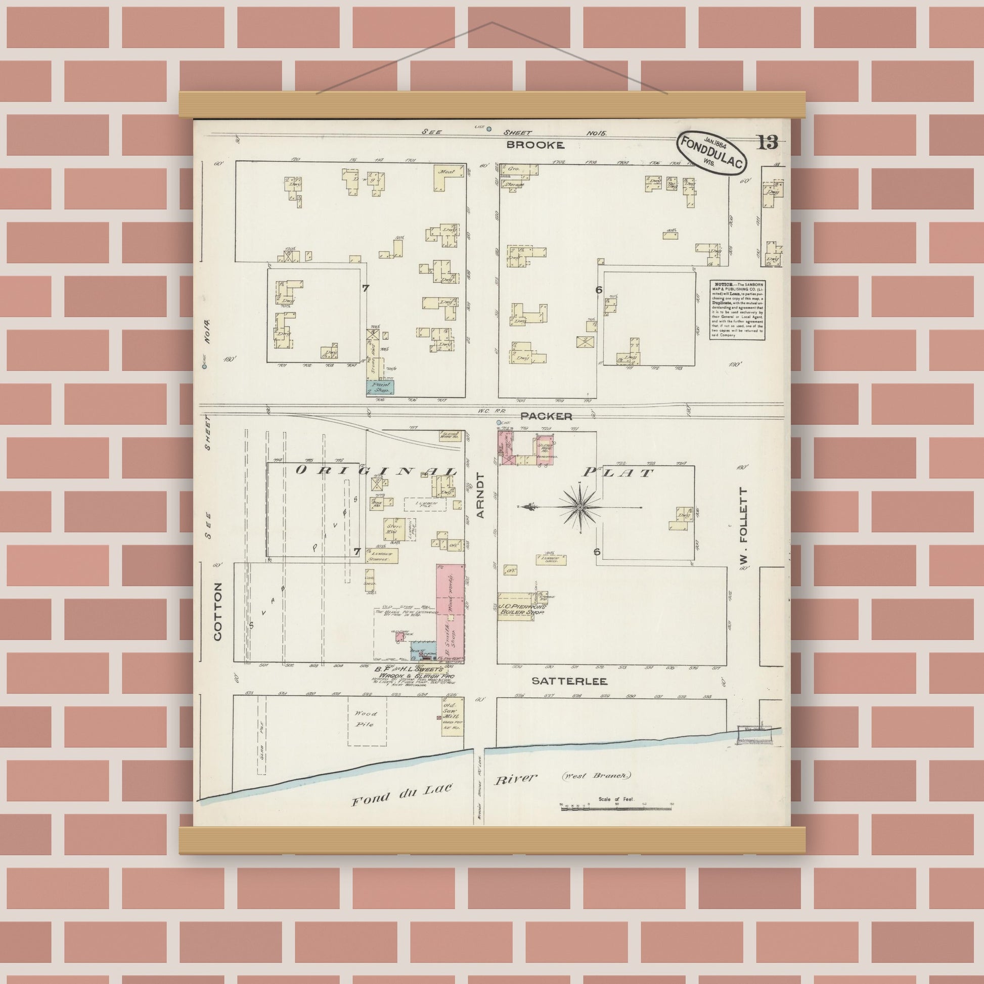 Old map wall art mockup — magnetic wood frame on brick wall — Sanborn Fire Insurance Map from Fond du Lac, Fond du Lac County, Wisconsin (1884), Sheet #0013