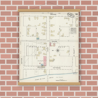 Old map wall art mockup — magnetic wood frame on brick wall — Sanborn Fire Insurance Map from Fond du Lac, Fond du Lac County, Wisconsin (1884), Sheet #0013